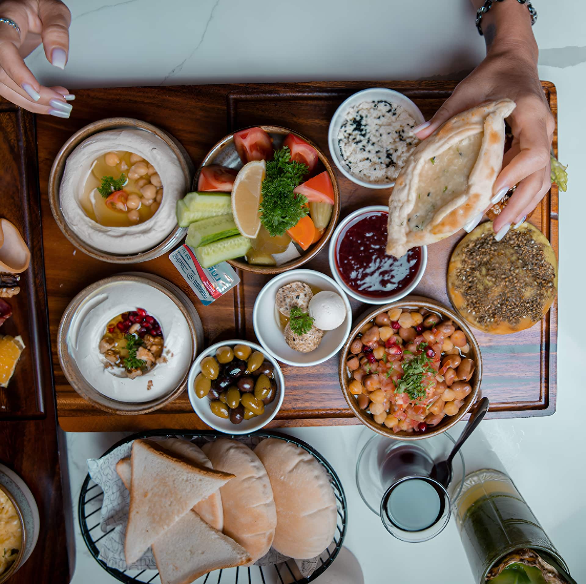 Top view of a vibrant Middle Eastern breakfast spread