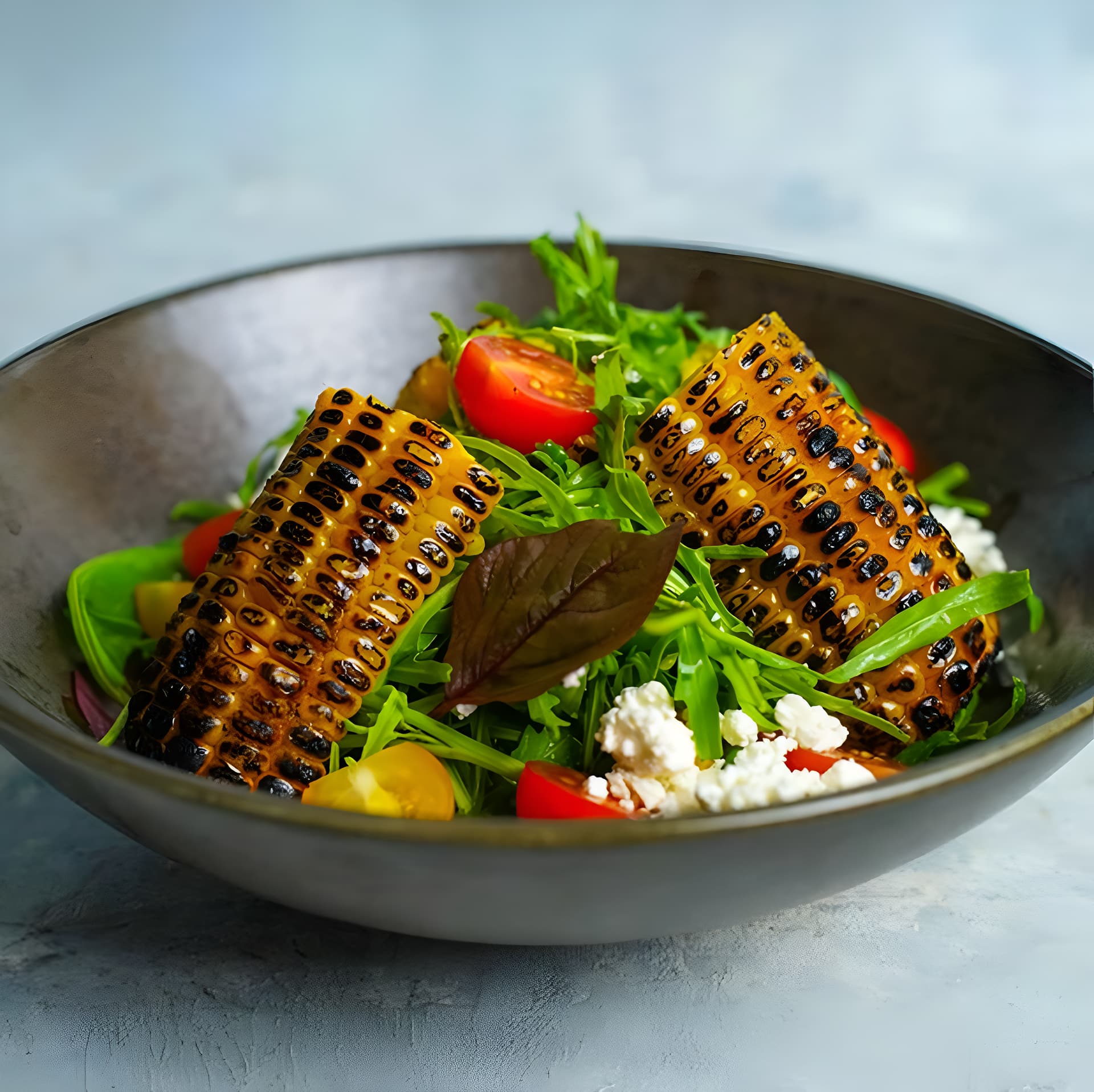 Fresh Lebanese salad with grilled corn, cherry tomatoes, leafy greens, and crumbled cheese served