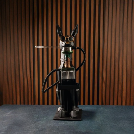Modern artistic hookah with animal inspired design placed against a stylish wooden wall background
